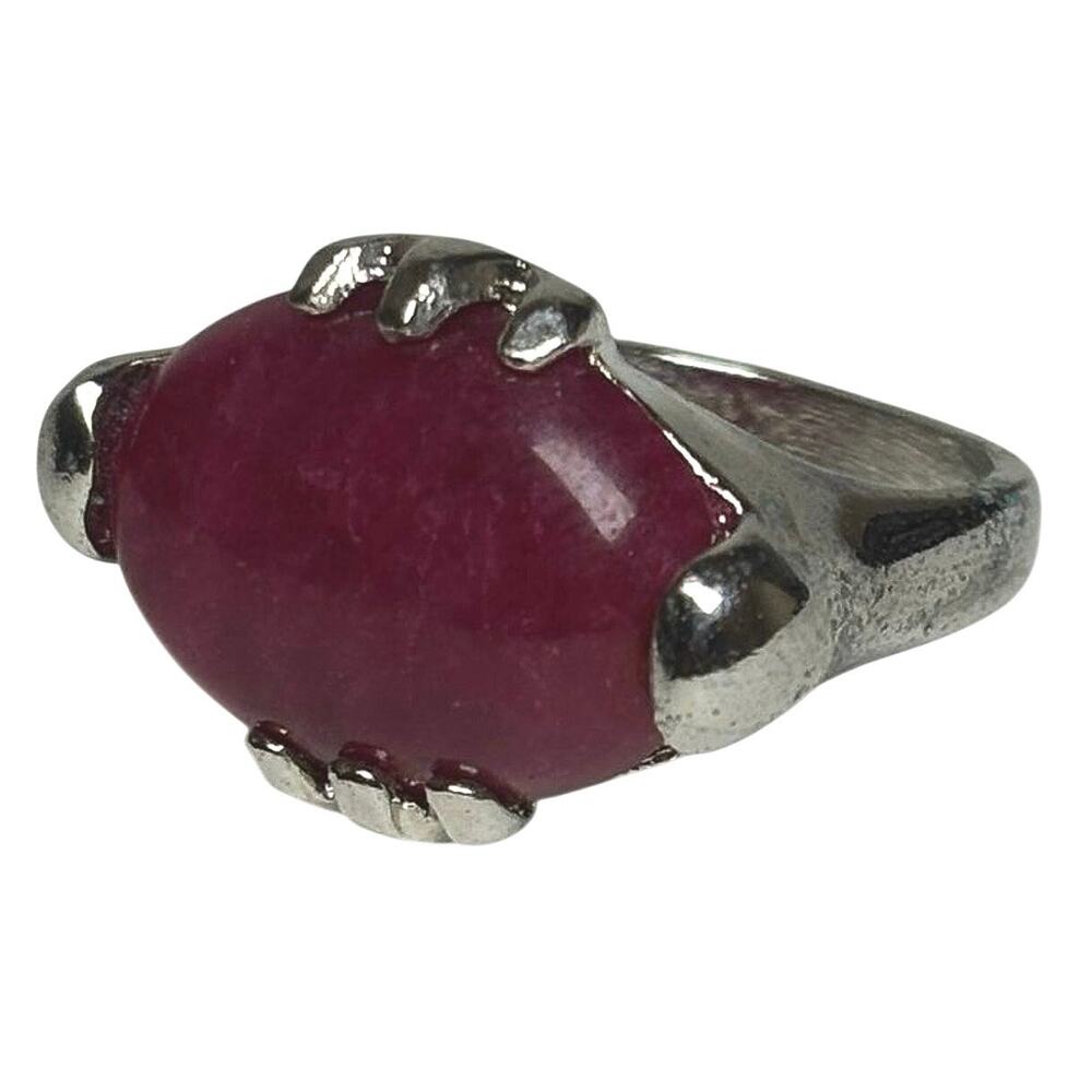 Vintage Silver Tone Ring Dark Pink / Red Cabochon Statement Ring Size 5.5